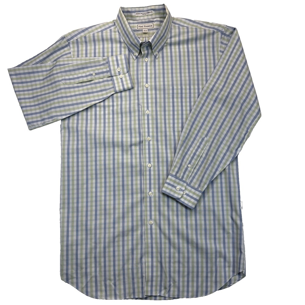 Paul Fredrick Blue Green Plaid Dress Shirt Mens 18-35 Preppy Business Casual